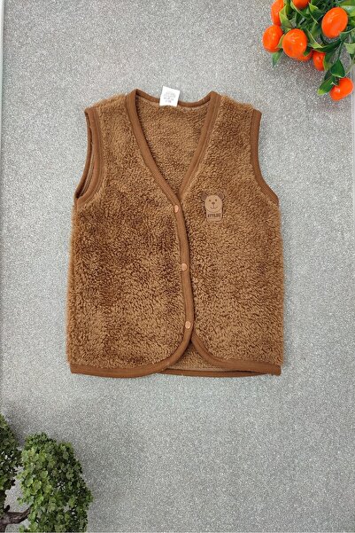 dubi baby kahve renk welsoftlu ayıcık armalı önden çıtçıtlı peluş bebe yelek