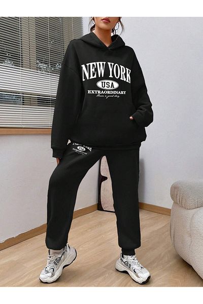 Boi New York Extra Combination Bottom Top Tracksuit Set - Μαύρη εμπριμέ μεγάλη λαστιχένια κουκούλα