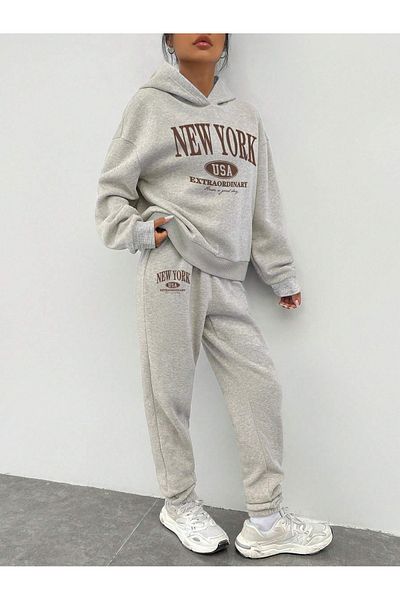 Boi Σετ φόρμας New York Extra Combination Bottom Top - Γκρι εμπριμέ μεγάλου μεγέθους λαστιχένια κουκούλα