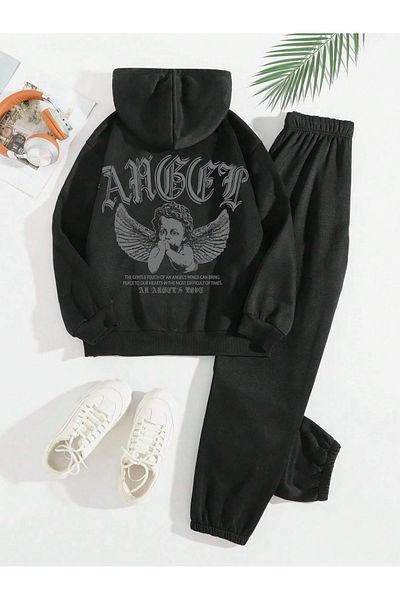 Boi Σετ αθλητική φόρμα Angel Baby Combination Bottom Top - Μαύρη εμπριμέ μεγάλη λαστιχένια κουκούλα