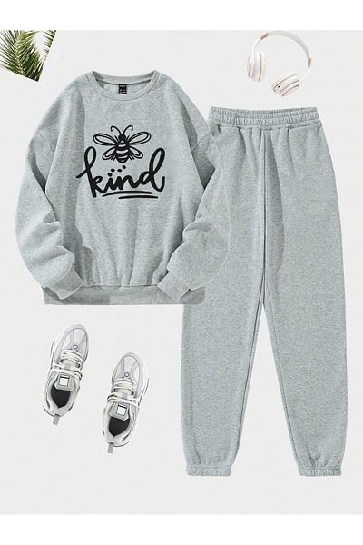 Boi Kind Bee Combination Bottom Top Sweatpants Set - Γκρι εμπριμέ Oversize λαστιχένια λαιμόκοψη