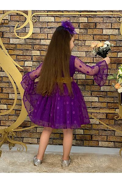 defada purple polka dot lace children's evening dress with belt and buckle
