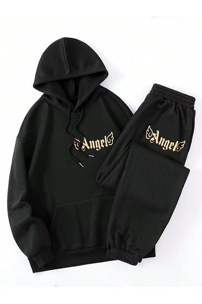 Boi Σετ αθλητικών φόρμας Angel Wing Combination Bottom Top - Μαύρο εμπριμέ Oversize Λαστιχένιο πόδι με κουκούλα