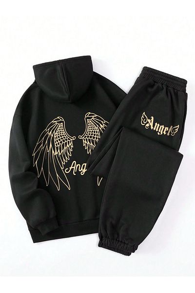 Boi Σετ αθλητικών φόρμας Angel Wing Combination Bottom Top - Μαύρο εμπριμέ Oversize Λαστιχένιο πόδι με κουκούλα