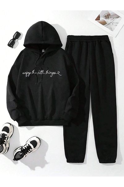 Boi Σετ αθλητική φόρμα Little Things Combination Bottom Top - Μαύρη εμπριμέ μεγάλη λαστιχένια κουκούλα