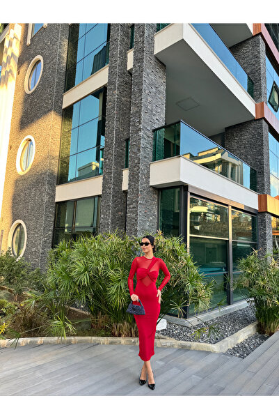 FGKBOUTİQUE Tül Detaylı Kırmızı Midi Boy Elbise