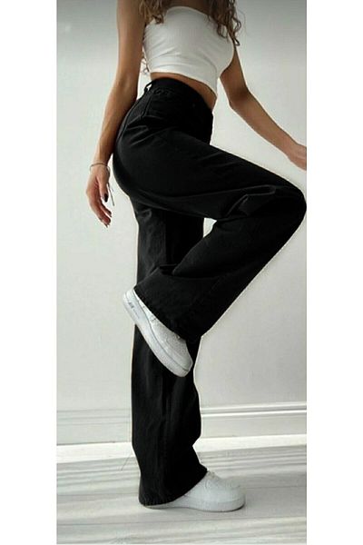 geenz manifacture Gabrielle Black Power Lycra Super ψηλόμεσο φαρδύ τζιν παντελόνι Palazzo