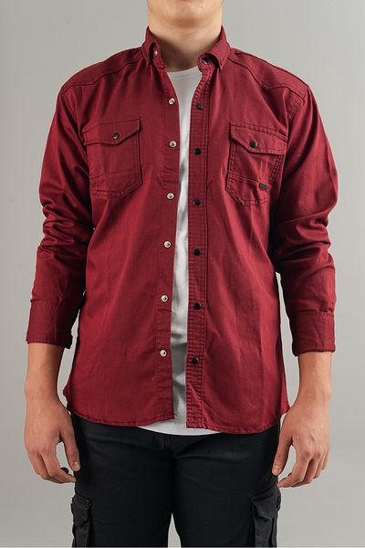 bombe Slim Fit Men's Denim Shirt Claret Red