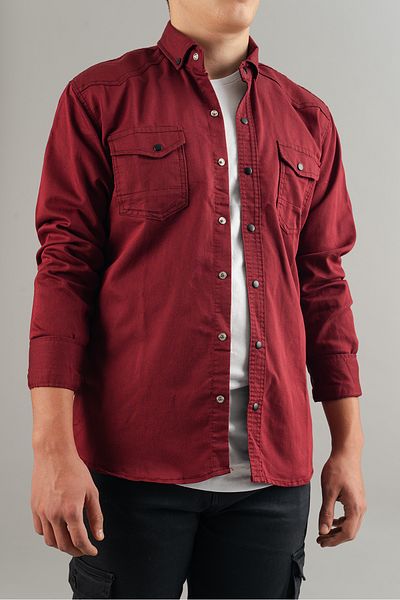 bombe Slim Fit Men's Denim Shirt Claret Red