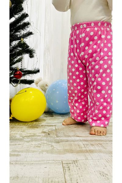 TD Collection White Polka Dot Pink Velvet Fabric Girl's Trousers - Baby Girl's Trousers
