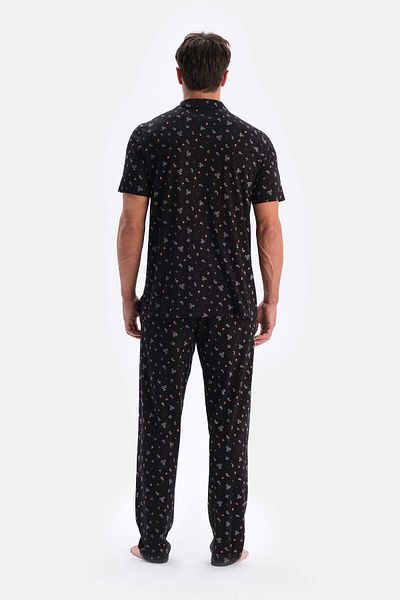 Dagi Μαύρο Metry Printed Cotton πουκάμισο Modal Παντελόνι Πιτζάμες