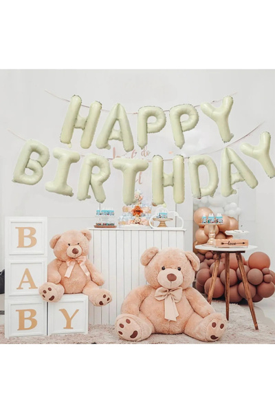 parti pera Krem Renk Happy Birthday Folyo Balon Seti 16 Inç 40 Cm