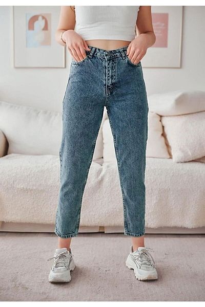LAMİRAMOOD Jean Mom Jean Snow Wash pentru femei cu talie înaltă