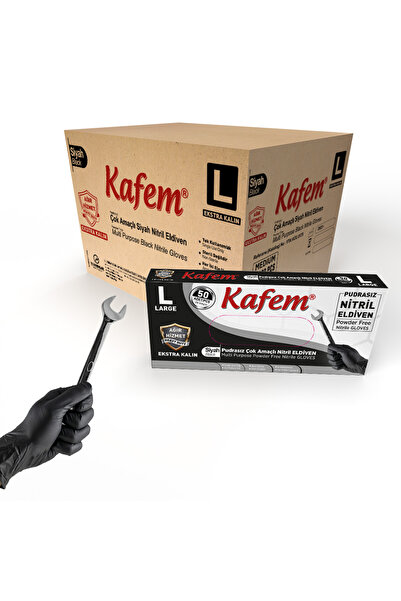 KAFEM Siyah Nitril Eldiven Pudrasız Ekstra Kalın (L) 50 Li X 20 Paket