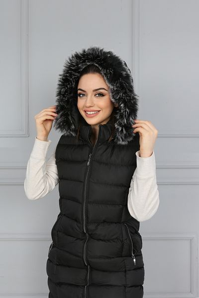 S&V TEKSTİL Women's Black Trend Long Vest Coat