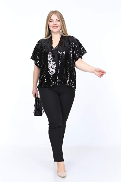 angelino butik Angelino Büyük Beden Pul Payet Detay Kısa Kol Panço 1865