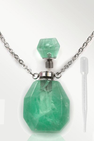 Tesbih Atölyesi Green Fluorite Stone Necklace with Certified Perfume Bottle Design - Silver Apparatus