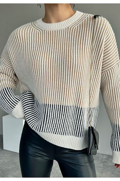 Laluvia Pulover oversize din tricotaje de culoare bej-albastru marin