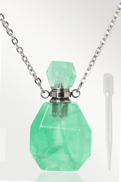 Tesbih Atölyesi Green Fluorite Stone Necklace with Certified Perfume Bottle Design - Silver Apparatus