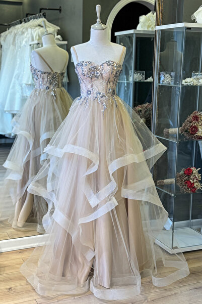 Lenta Moda Ten Rengi Transparan Dantel Kaplama Gren Etekli Tül Abiye & Kına E...