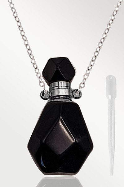 Tesbih Atölyesi Obsidian Stone Necklace with Certified Perfume Bottle Design - Silver Apparatus
