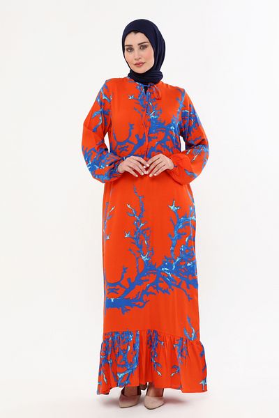 ÇIKRIKÇI TEKSTİL ŞİLE BEZİ VISKOSE LONG SLEEVE DRESS SUMMER TRIL TRILL ORANGE