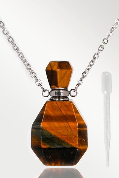 Tesbih Atölyesi Tiger Eye Stone Necklace with Certified Perfume Bottle Design - Silver Apparatus