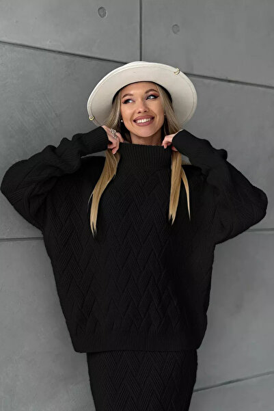 Ortaya Çık Black Knitted Patterned Skirt Sweater Knitwear Set