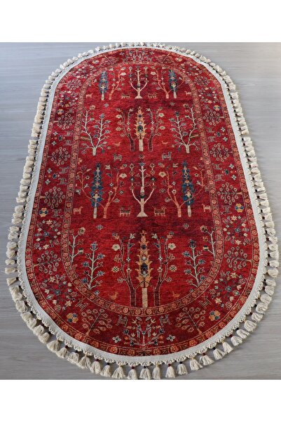 Just Arte Dekoratif Örgü Saçaklı Oval Kırmızı Paspas Makinada Yıkanabilir Kil...