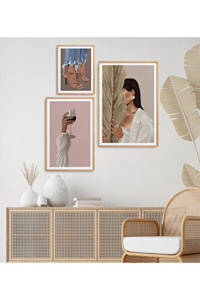 HOMEPACK 3'lü Çerçeveli Şarap, Kadın, Ayakkabı Tablo Seti Poster Tablo YN0102