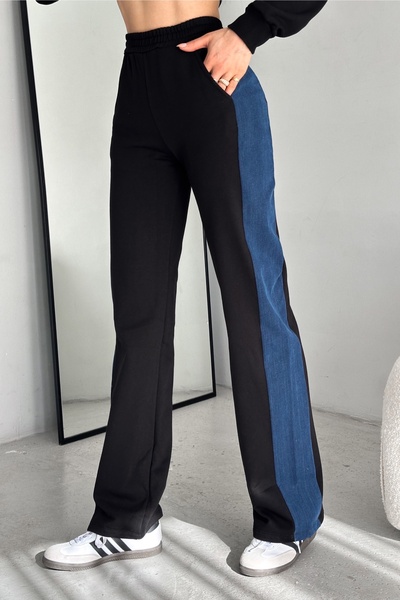 FEMELLE Black Denim Jeans Garni Hooded Tracksuit Set