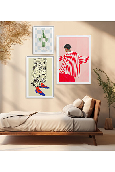 HOMEPACK 3'lü Çerçeveli Çizgili Kadın Tablo Seti Poster Tablo YN0101