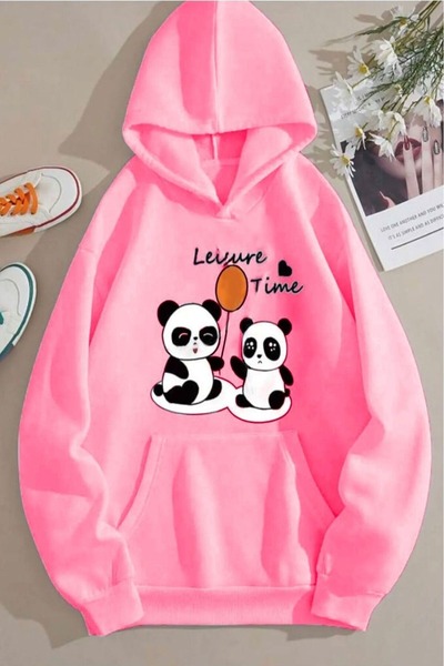 PALPİTO سويت شيرت نسائي بقلنسوة وطبعة Leisure Panda باللون الوردي