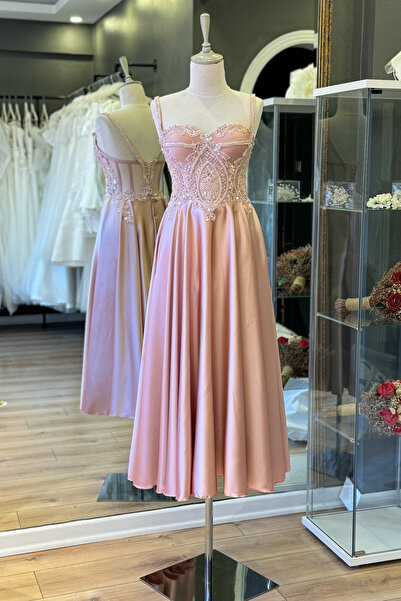 Lenta Moda Pudra İnci İşlemeli Dantel Kaplama Midi Boy Saten Abiye Ve Gece El...