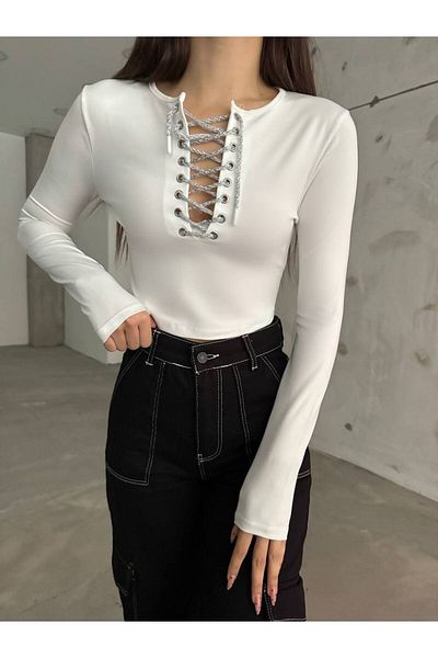 Fav Style Bluză de damă, cu mânecă lungă, cu șireturi, albă