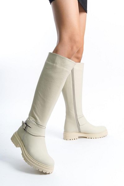 Modabuymus Wers Beige Matte Γνήσιες Δερμάτινες Μπότες Casual με φερμουάρ