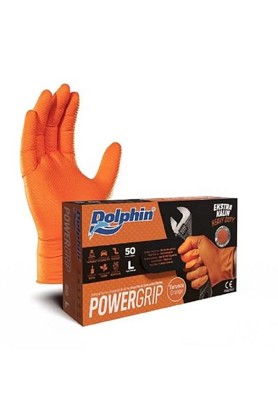 Dolphin قفازات النتريل البرتقالية السميكة للغاية PowerGrip (L) 50 قطعة × 20 عبوة (صندوق)