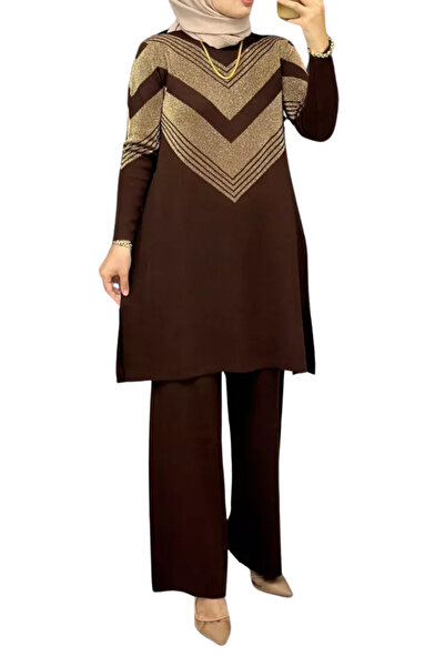 Nacar Kadın Simli Zikzak Desenli Uzun Triko Kazak Şık Tesettür Kazak