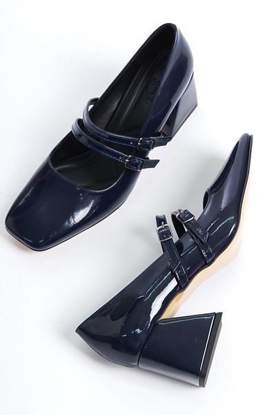 Modabuymus Culia Navy Blue Patent Leather Mary Jane Double Band Blunt Toe Heeled Shoes