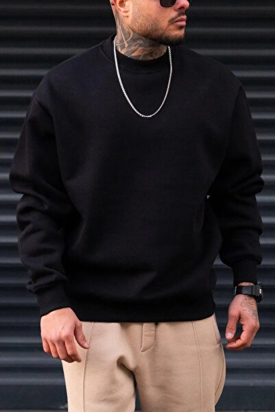 Mandlyz Erkek Düz Siyah Basic Baskısız Bisiklet Yaka Oversize Salaş Sweatshirt Sweat