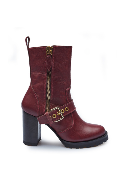 CANES AYAKKABI Kadın Bordo Kırışık Deri Yandan Fermuarlı/tokalı Bot
