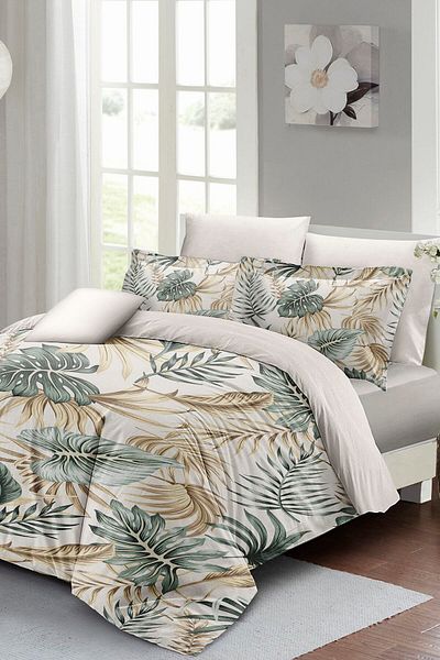 MonoHome Set cuvertură dublă King Size Botanical Palm Satin de bumbac 3d 220x240cm
