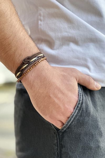 etniko Unisex Multiple Brown Bracelet with Friendship Tie Knot Detail