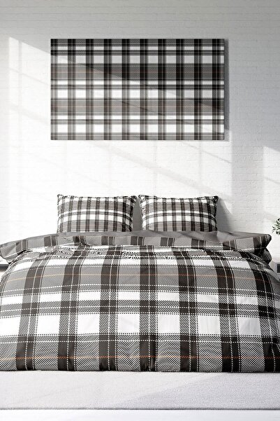 MonoHome King Size Gray Plaid 3D Cotton Satin Double Duvet Cover Set 220X240Cm