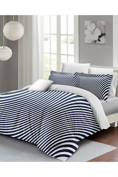 MonoHome King Size Double Duvet Cover - 100% Cotton Satin, Blue Lines, 220X240Cm