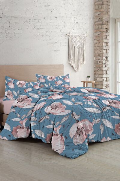 MonoHome Set cuvertură de pilota dublă King Size Blue Rose - Satin Bumbac 3D 220x240cm