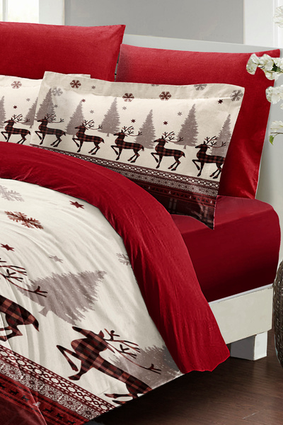 MonoHome Kıng Sıze Yılbaşı Nevresim Takımı Çift Kişilik %100 Pamuk Saten Red Deers 220x240cm