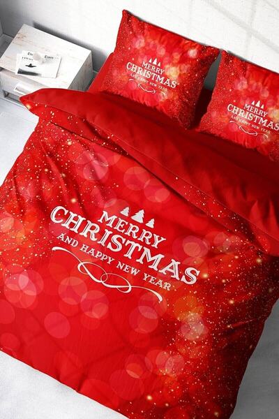 MonoHome King Size Christmas Ornament Merry Red Christmas 100% Cotton Satin 3D Double Duvet Cover Set 220X240Cm