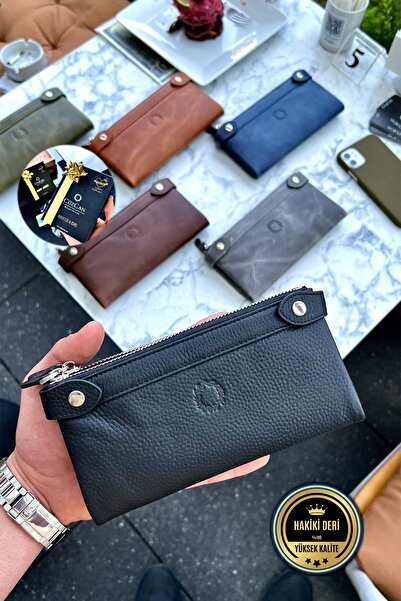 CüzCan Mat Black Çift Telefon Bölmeli Hakiki Deri Unisex Cüzdan Kişiye Özel I...