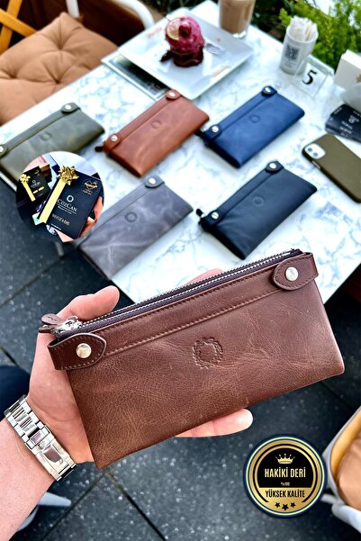 CüzCan Antik Kahve Çift Telefon Bölmeli Hakiki Deri Unisex Cüzdan Kişiye Özel...